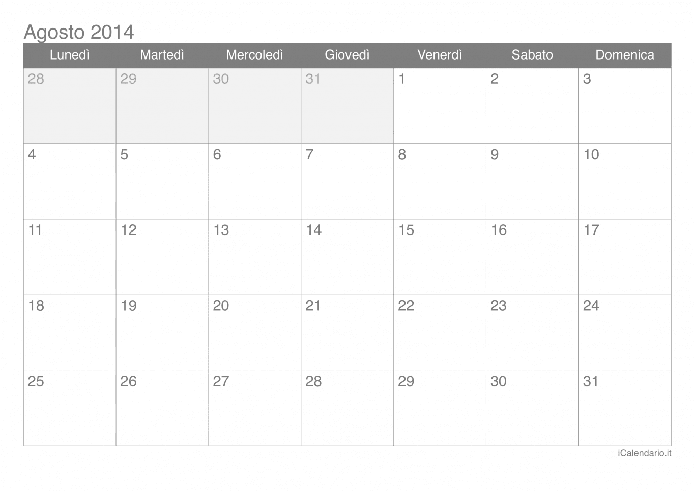Calendario di agosto 2014