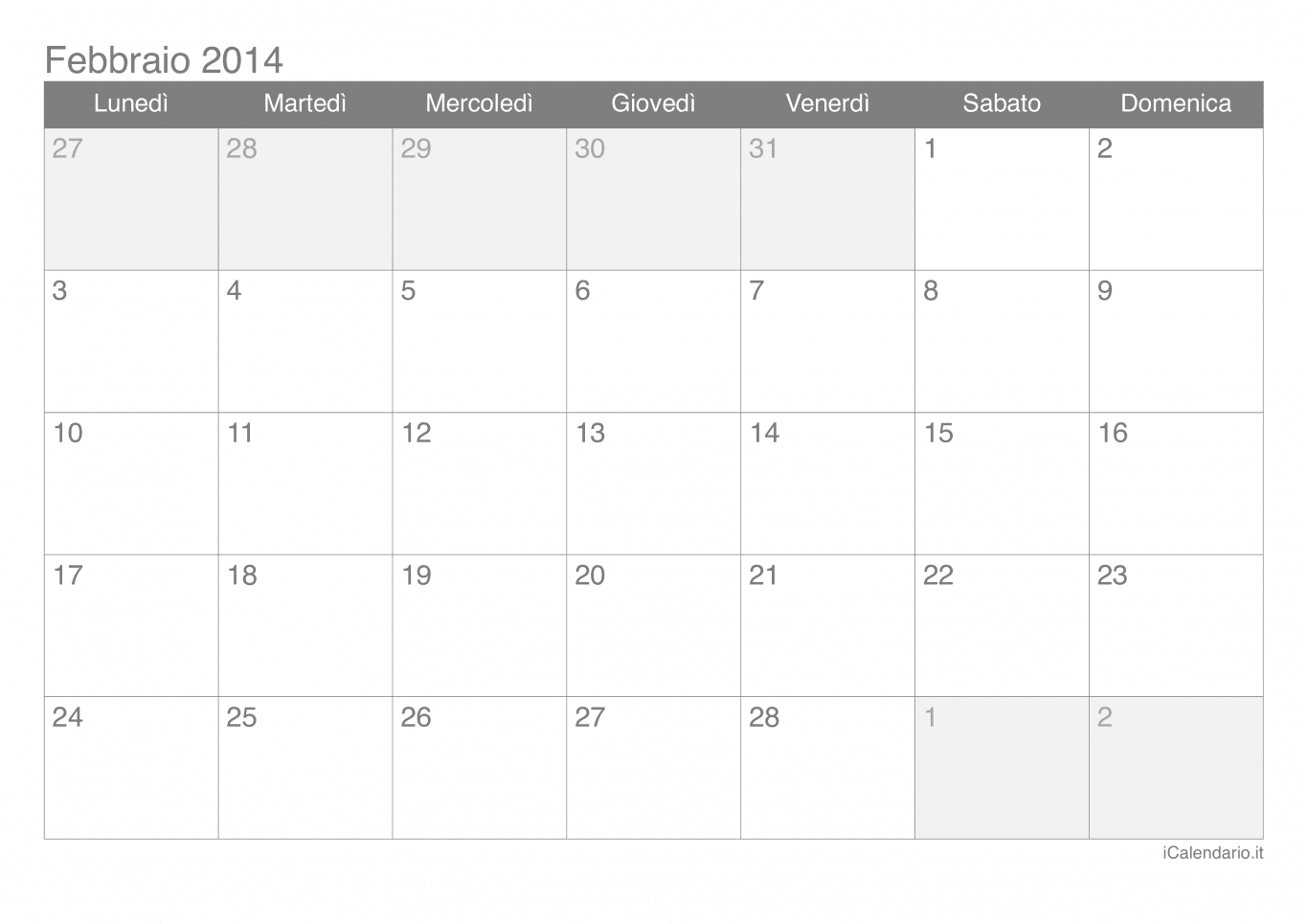 Calendario di febbraio 2014