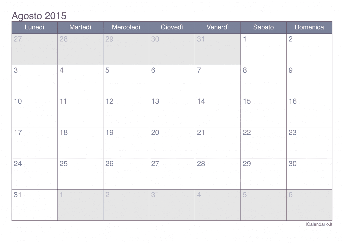 Calendario di agosto 2015 - Office