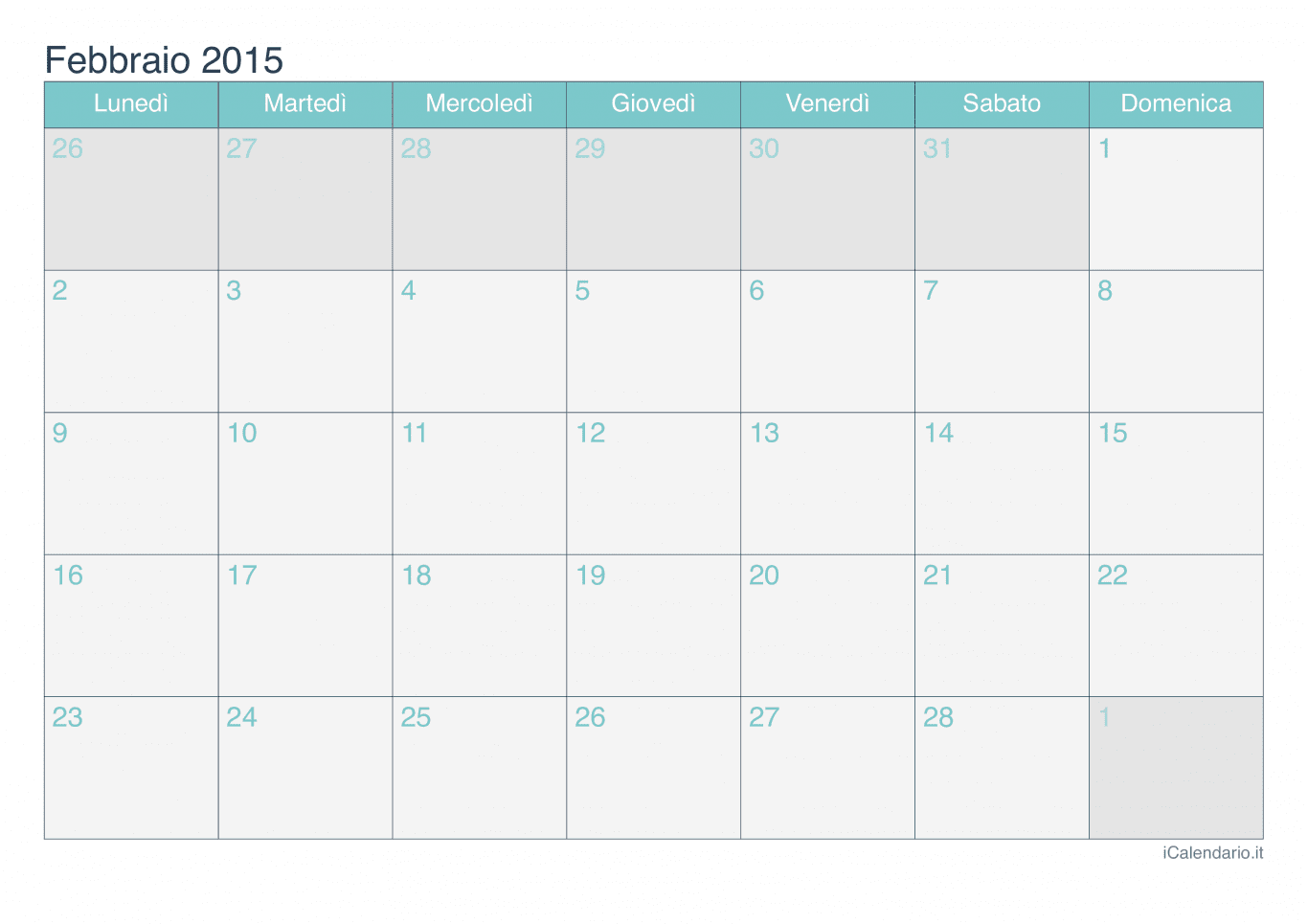 Calendario di febbraio 2015 - Turchese