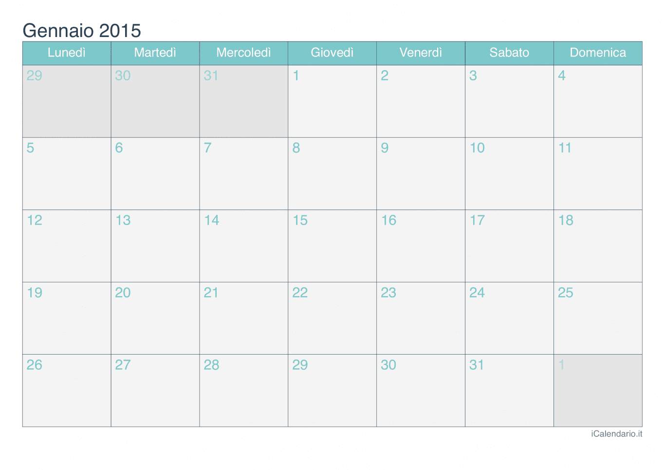 Calendario di gennaio 2015 - Turchese
