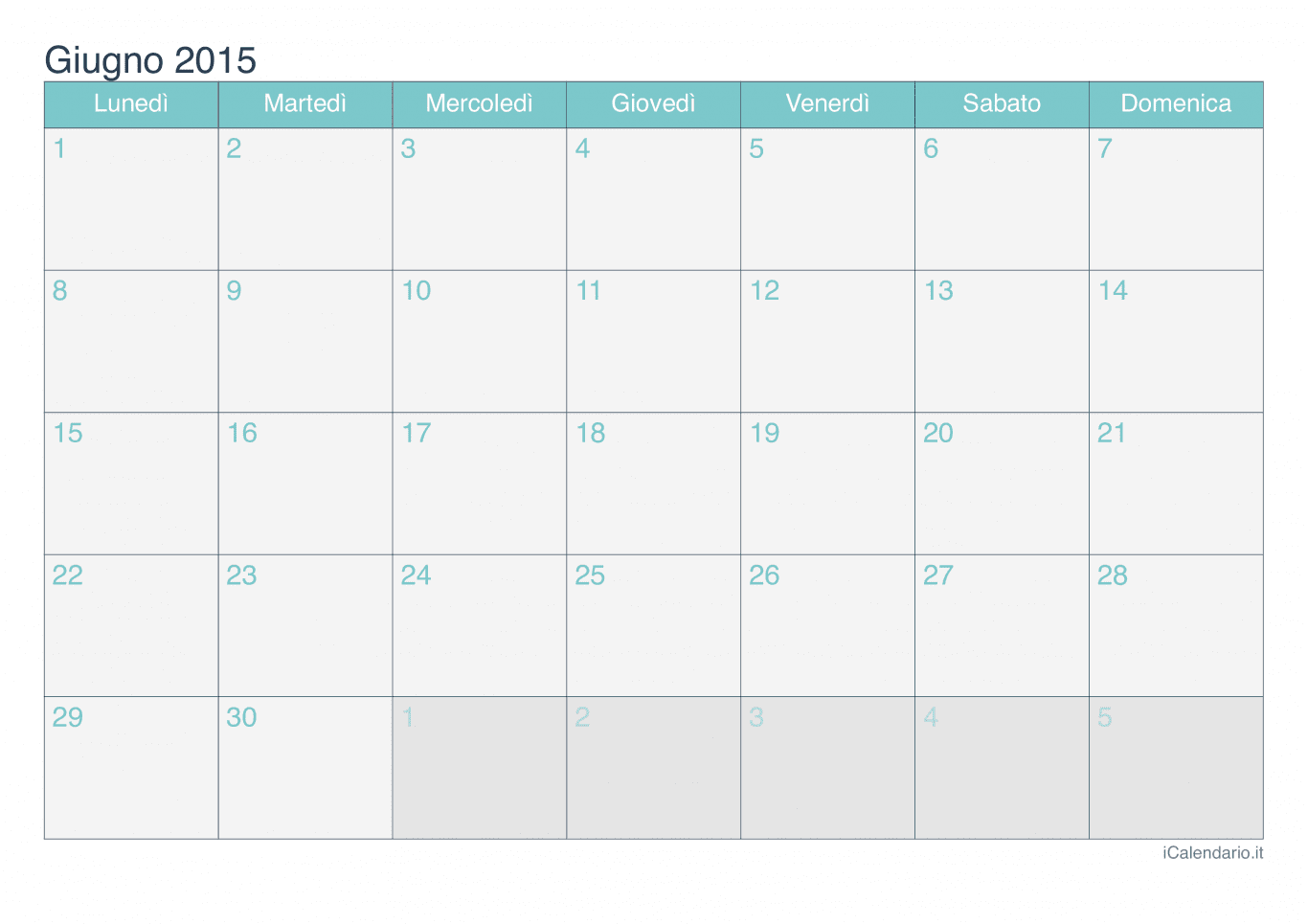 Calendario di giugno 2015 - Turchese