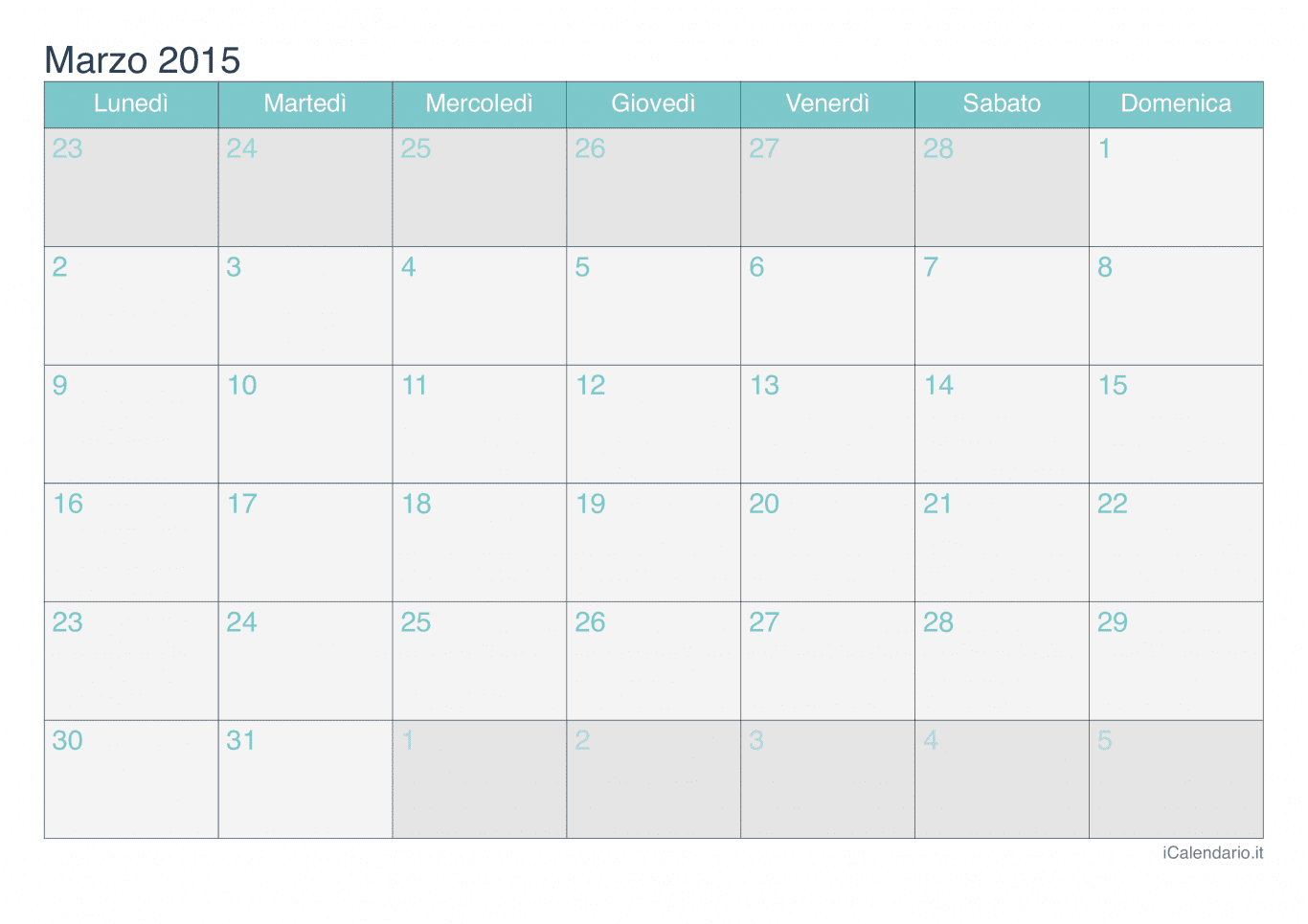 Calendario di marzo 2015 - Turchese