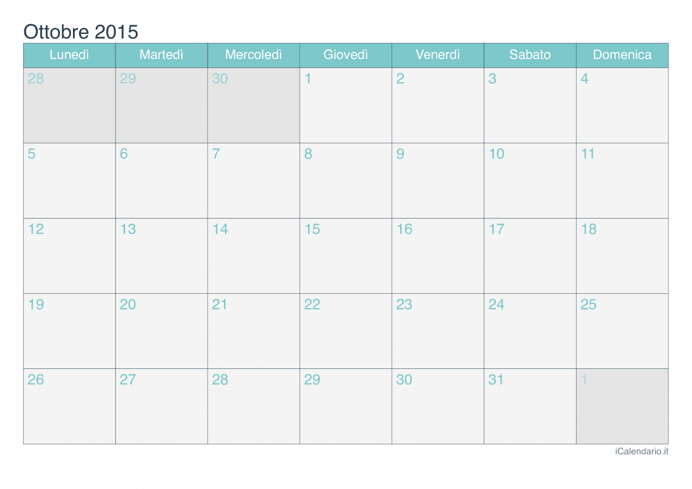 Calendario di ottobre 2015 - Turchese