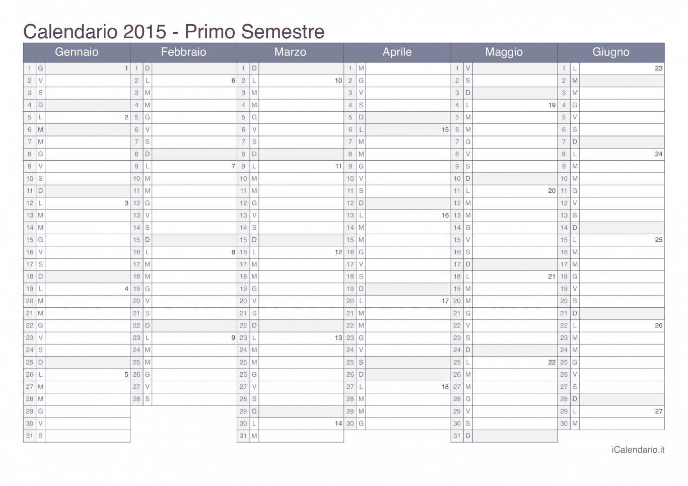 Calendario semestrale con numeri delle settimane 2015 - Office