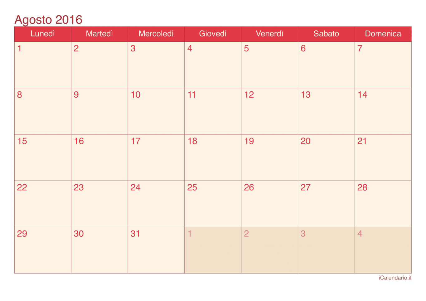 Calendario di agosto 2016 - Cherry