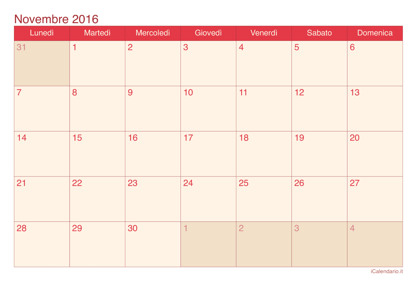 Calendario di novembre 2016 - Cherry