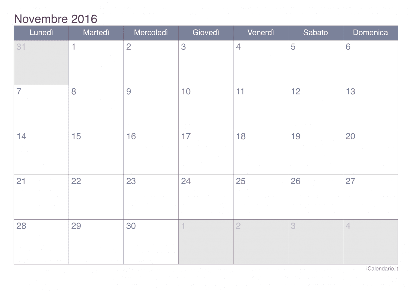 Calendario di novembre 2016 - Office