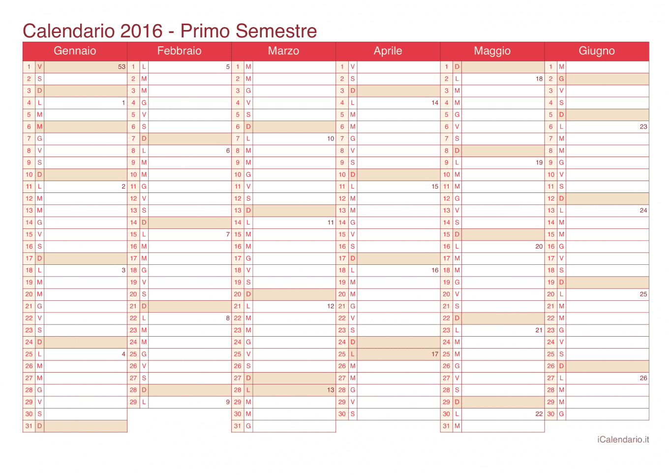 Calendario semestrale con numeri delle settimane 2016 - Cherry