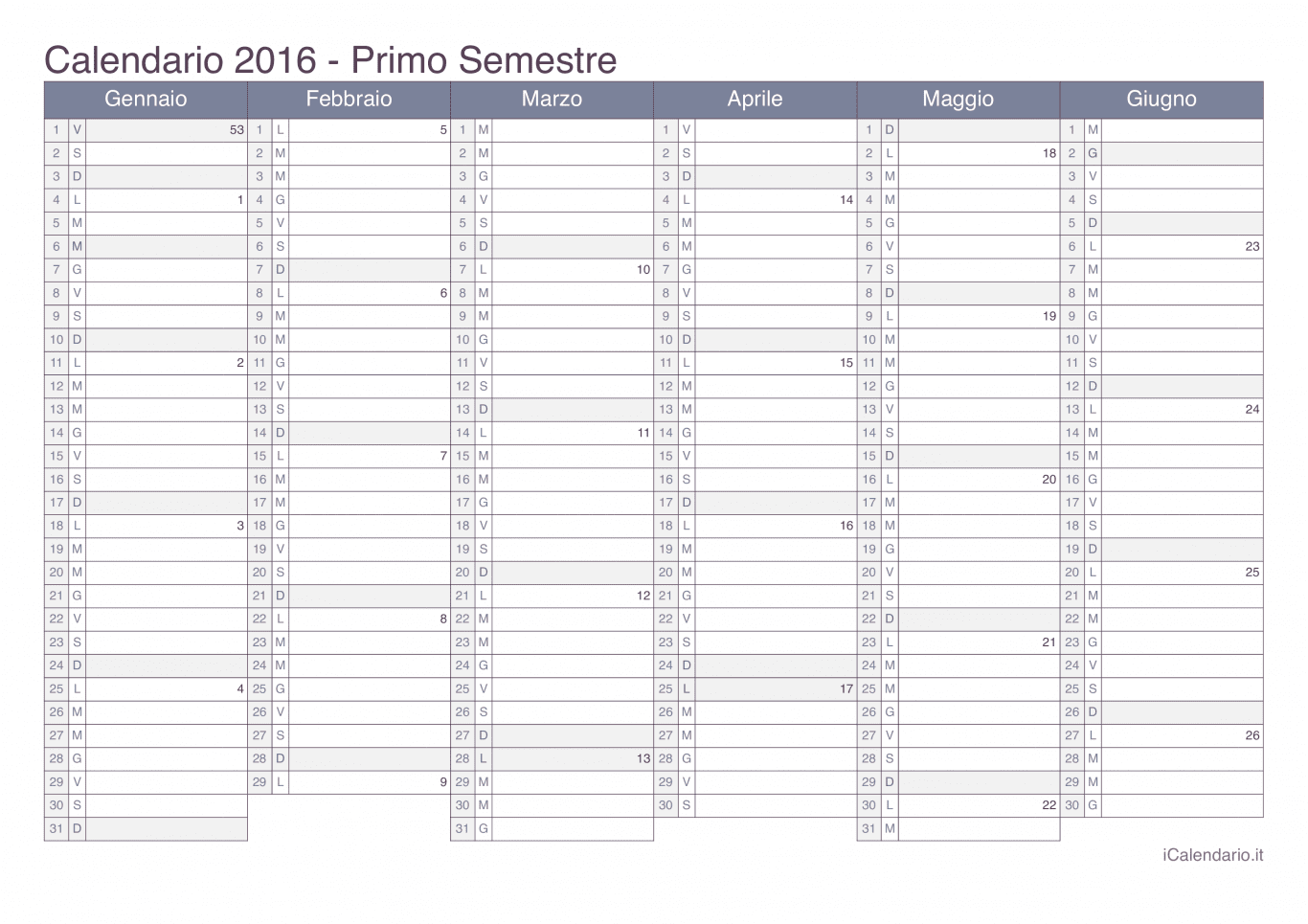 Calendario semestrale con numeri delle settimane 2016 - Office