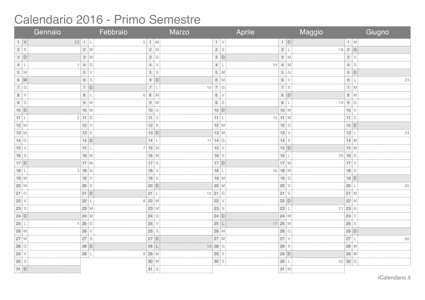 Calendario semestrale con numeri delle settimane 2016