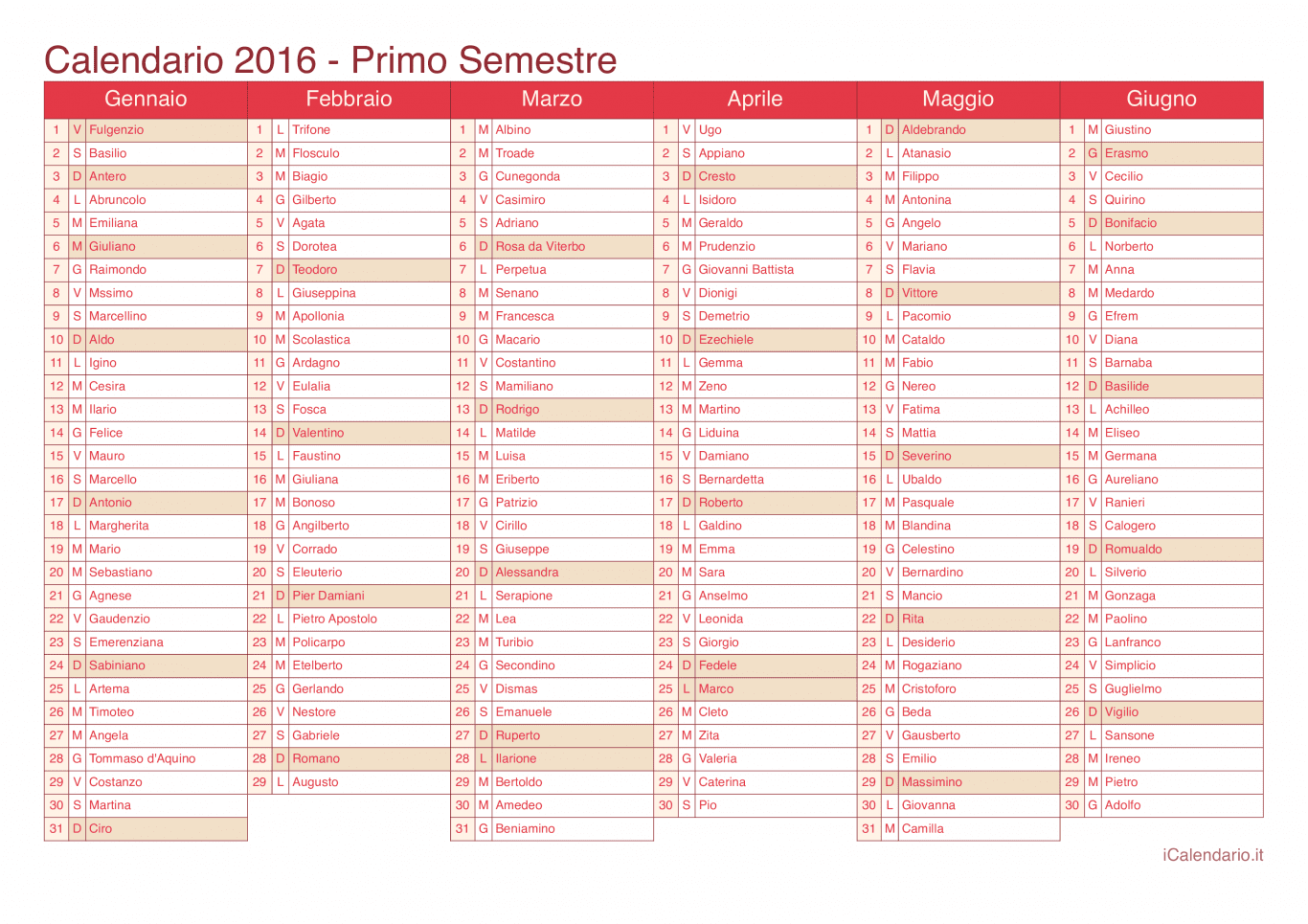 Calendario semestrale 2016 con santi e festivi - Cherry