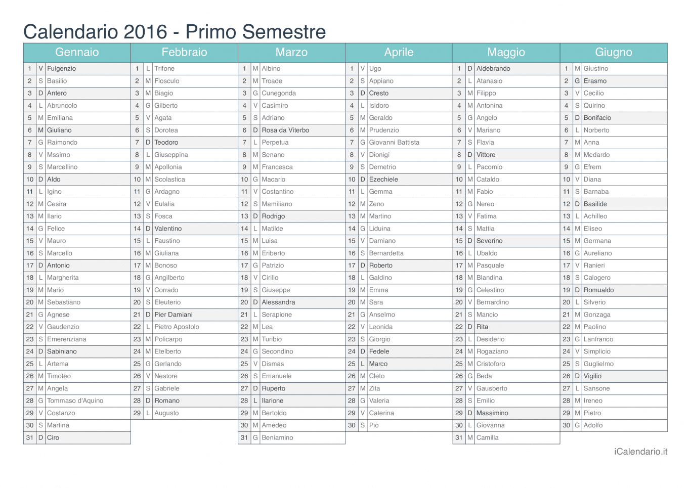 Calendario semestrale 2016 con santi e festivi - Turchese