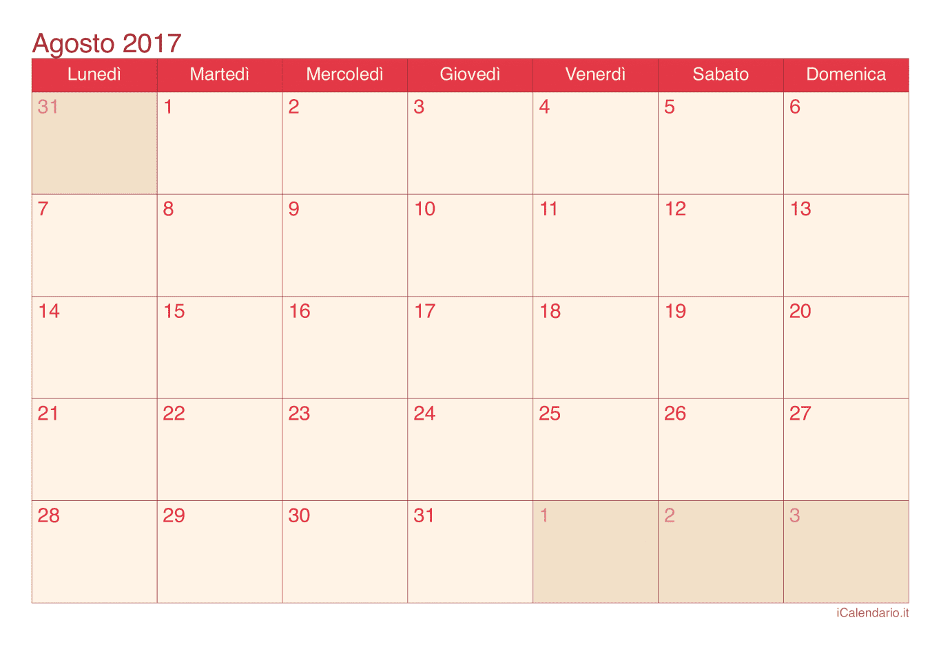 Calendario di agosto 2017 - Cherry