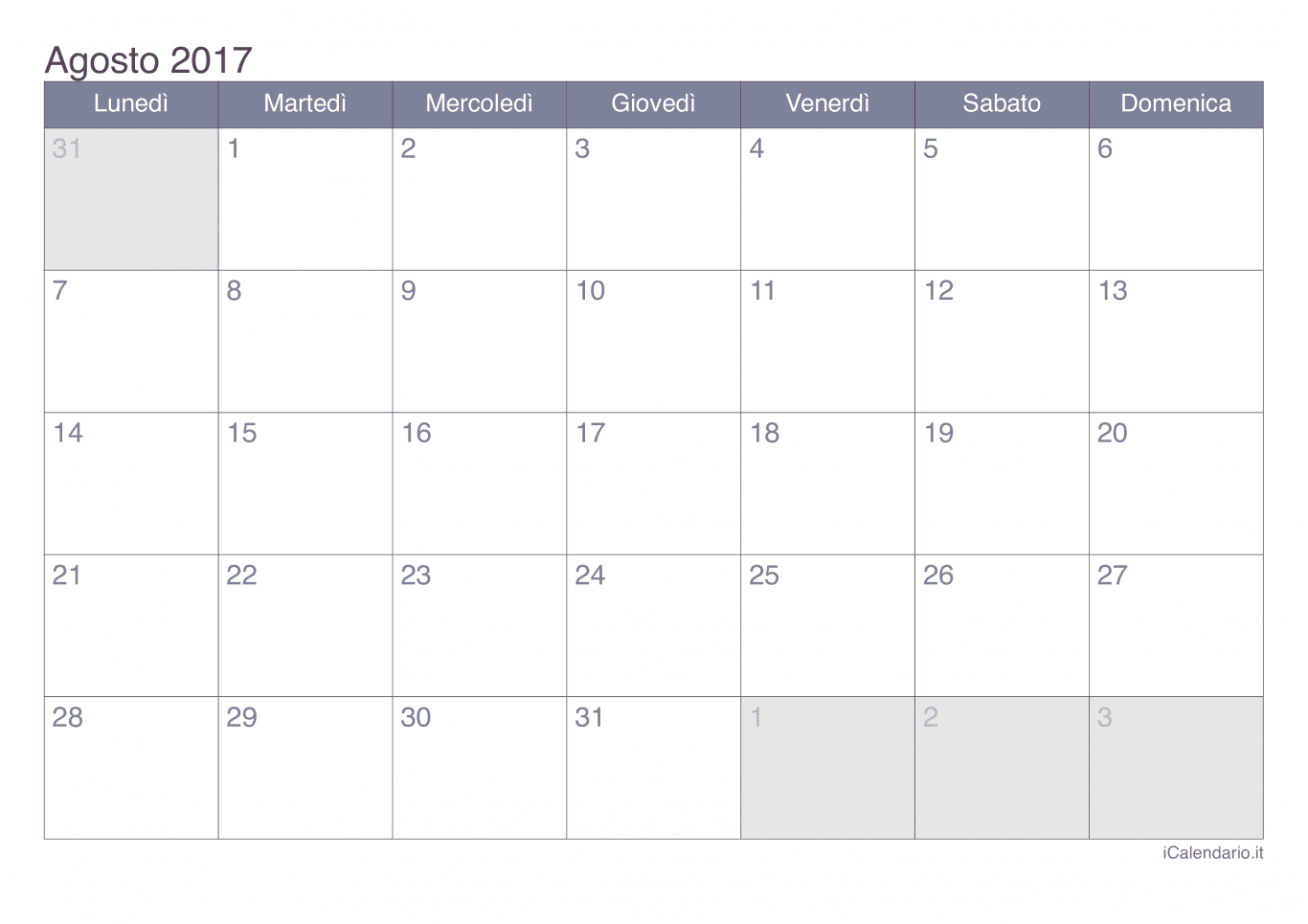 Calendario di agosto 2017 - Office