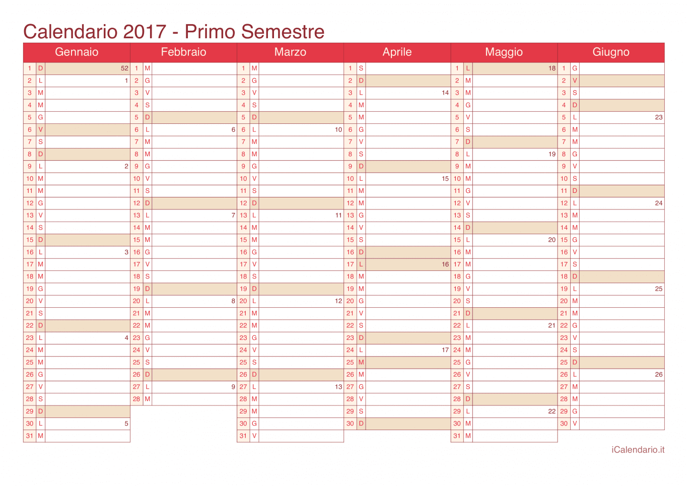 Calendario semestrale con numeri delle settimane 2017 - Cherry