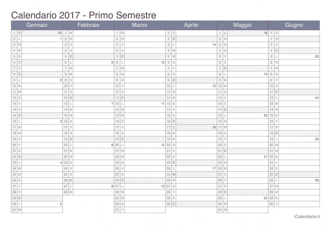 Calendario semestrale con numeri delle settimane 2017 - Office