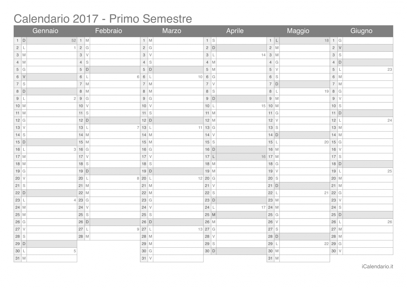 Calendario semestrale con numeri delle settimane 2017