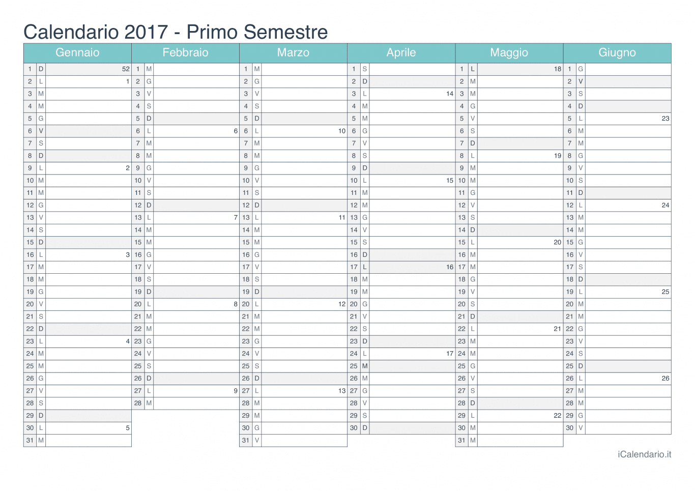 Calendario semestrale con numeri delle settimane 2017 - Turchese