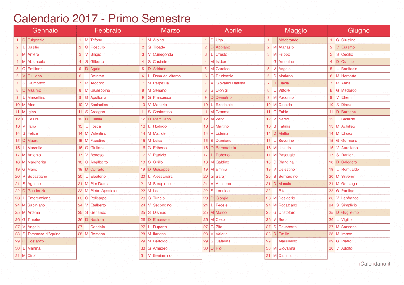 Calendario semestrale 2017 con santi e festivi - Cherry