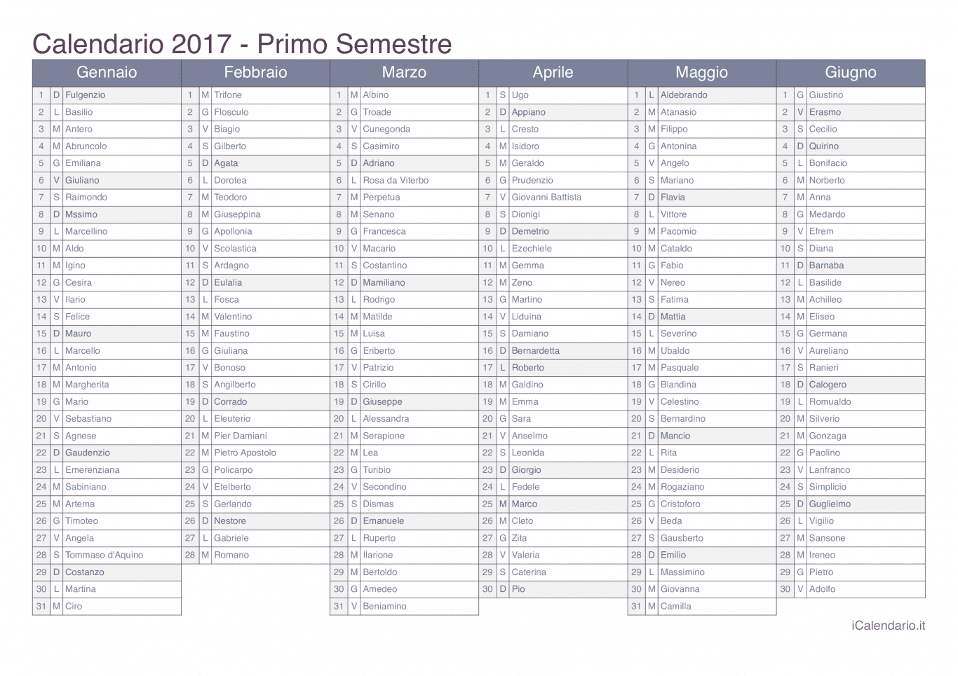 Calendario semestrale 2017 con santi e festivi - Office