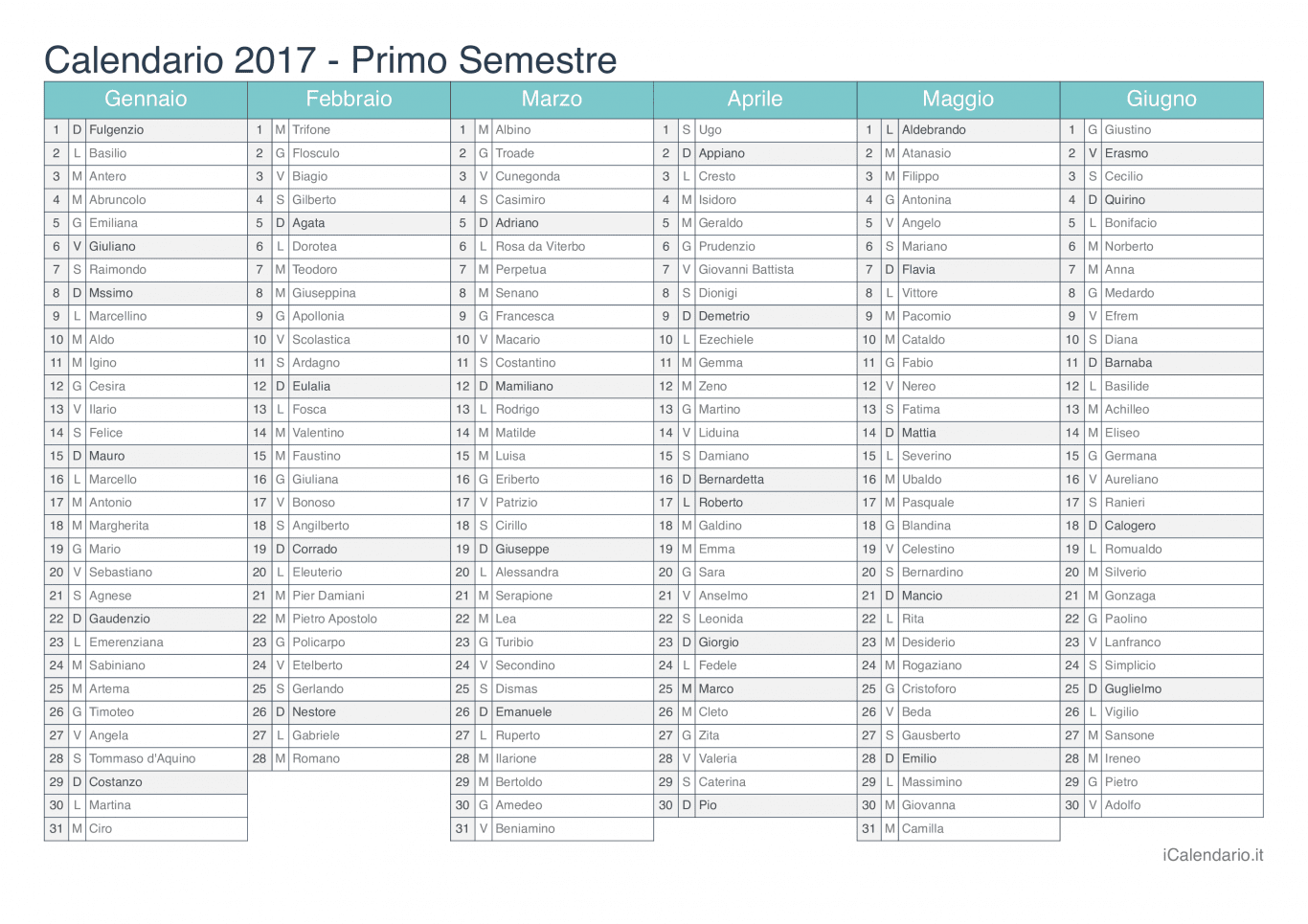 Calendario semestrale 2017 con santi e festivi - Turchese