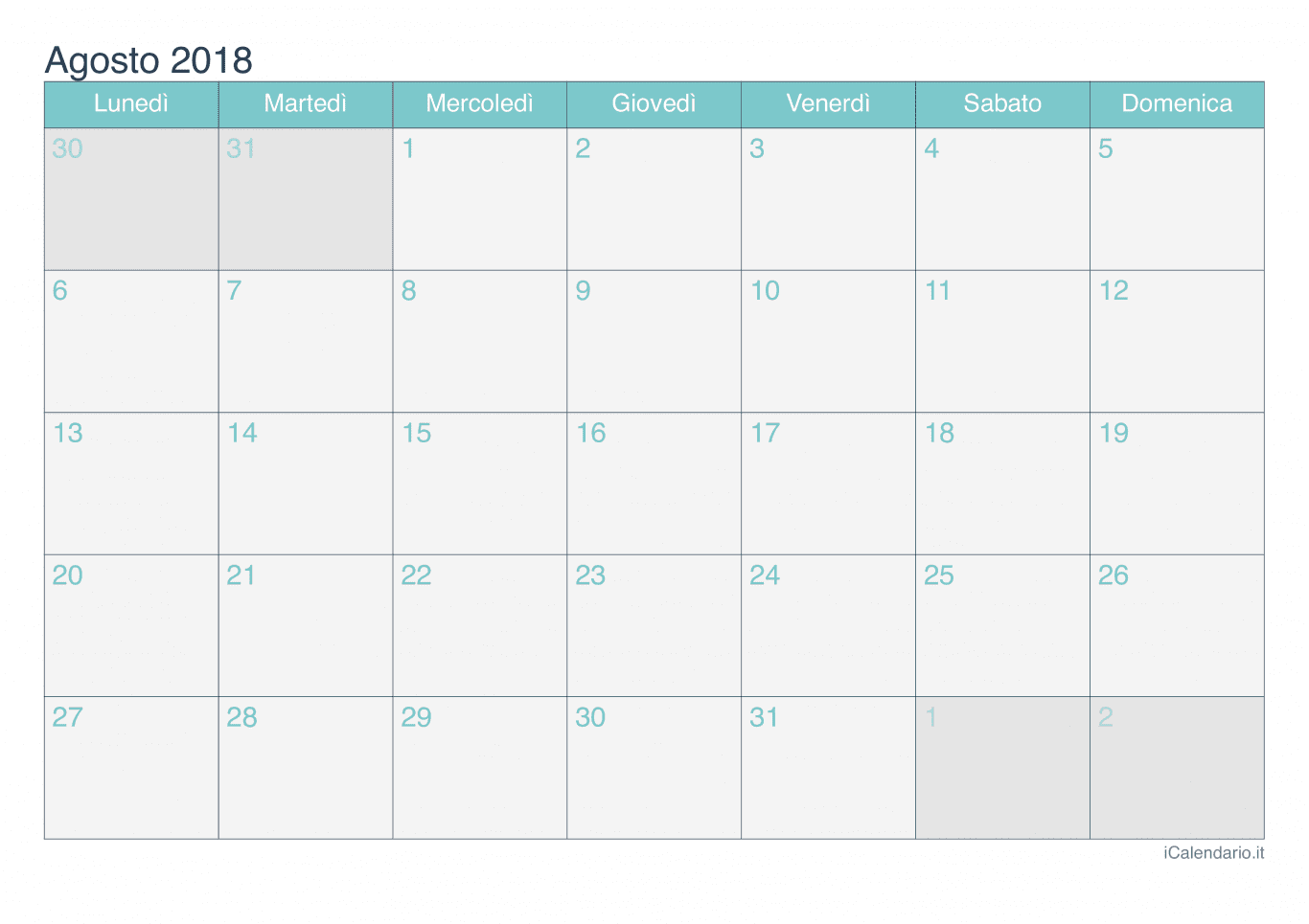 Calendario di agosto 2018 - Turchese