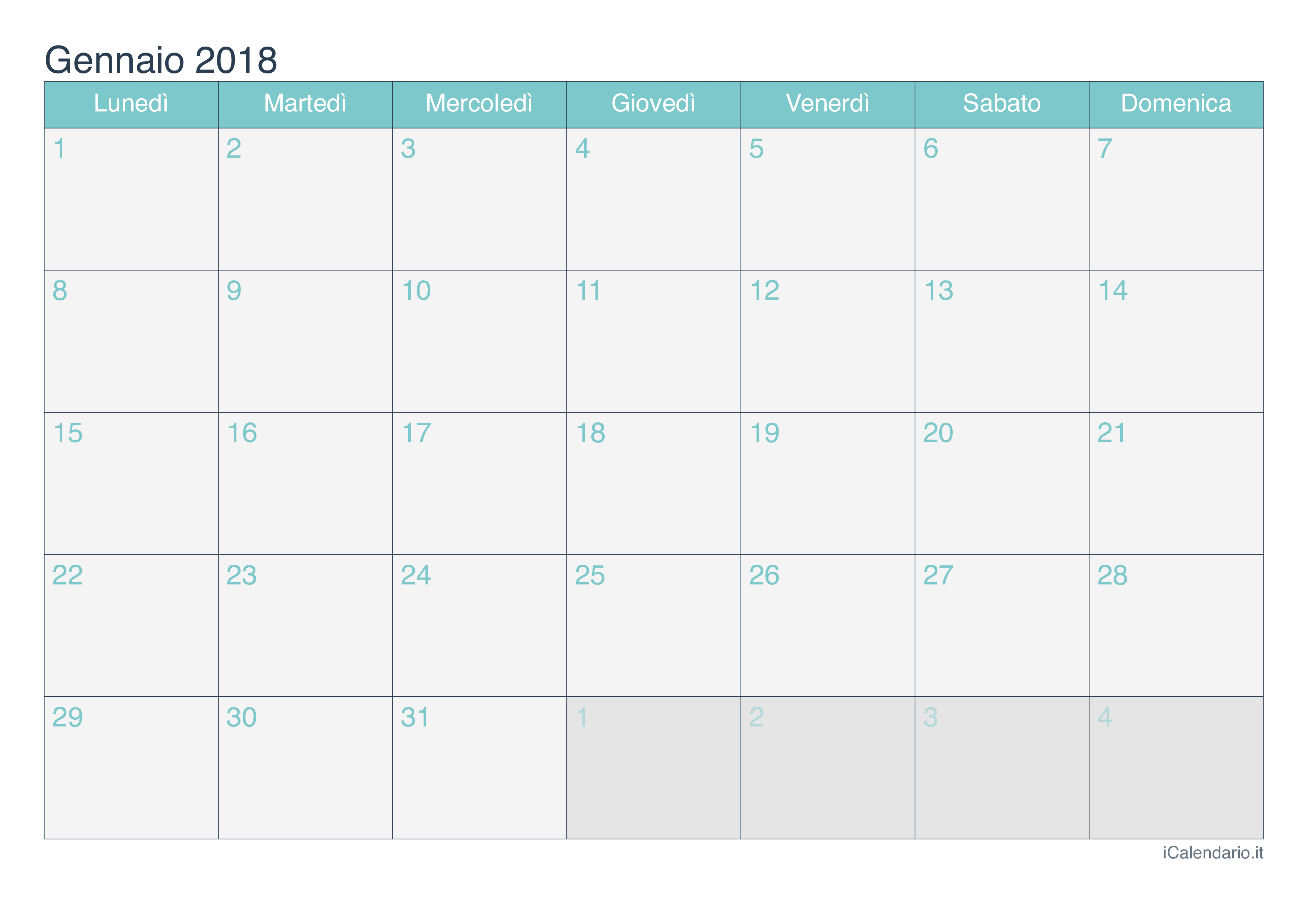 Calendario mensile 2018 - Turchese