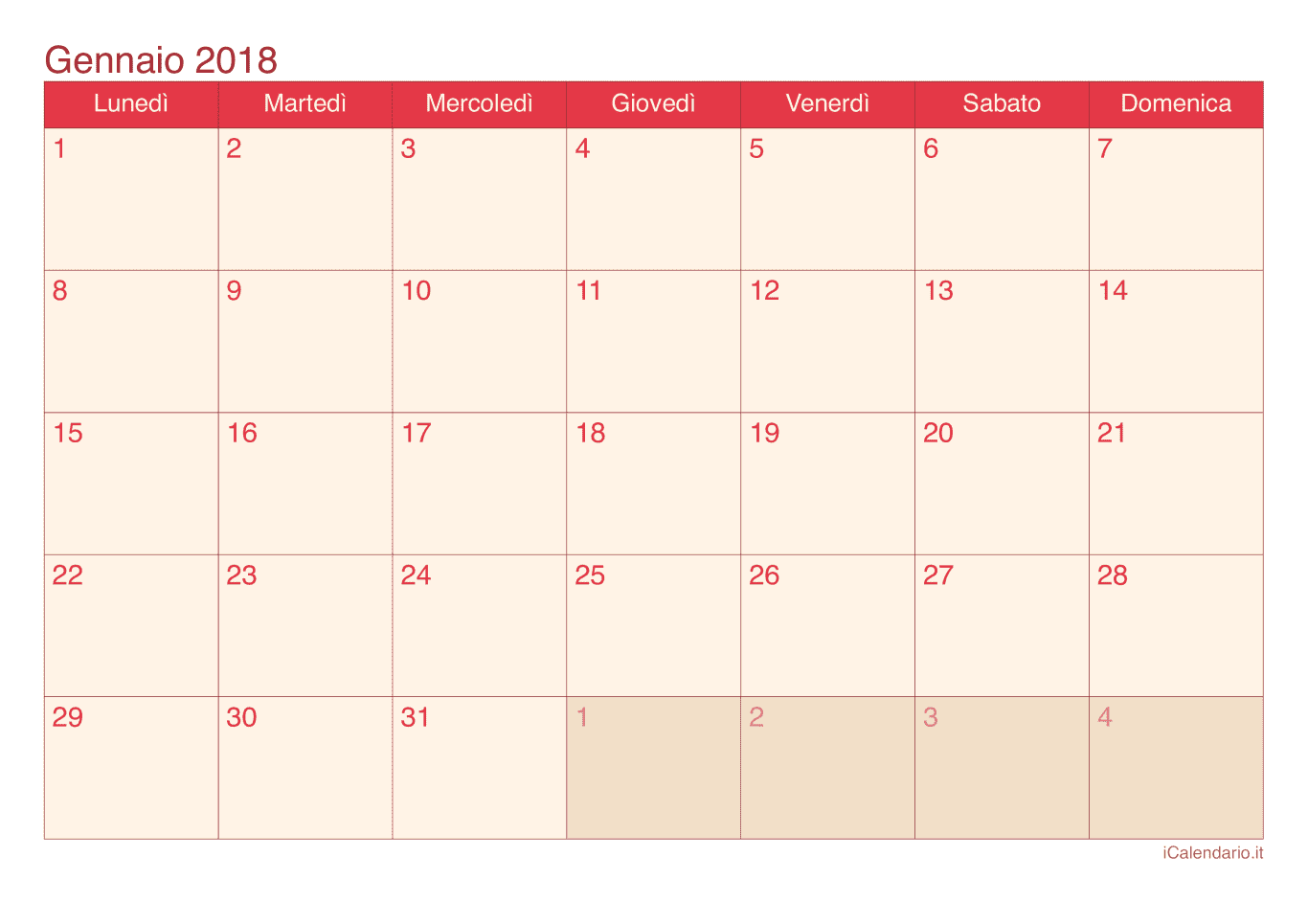 Calendario di gennaio 2018 - Cherry