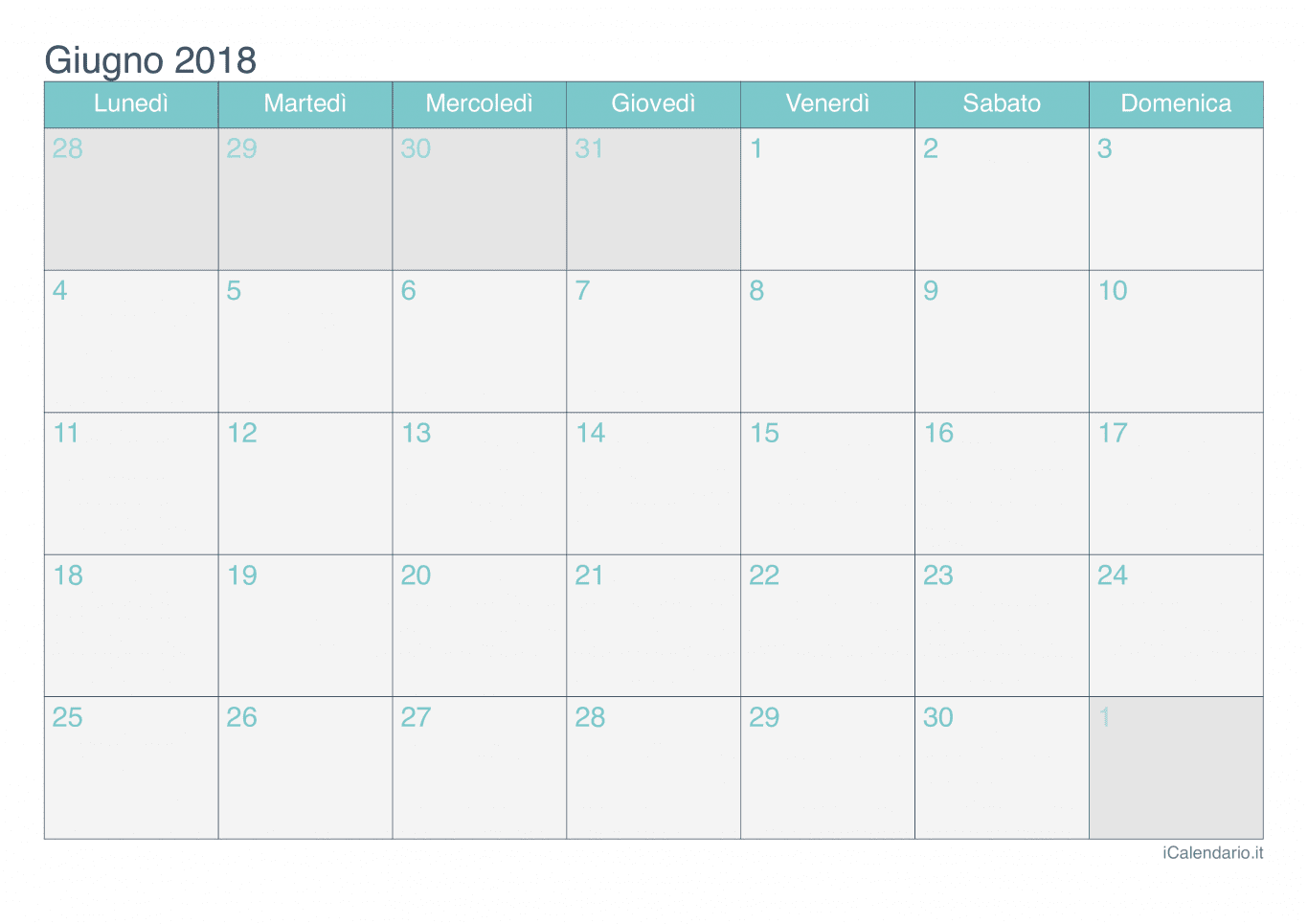 Calendario di giugno 2018 - Turchese