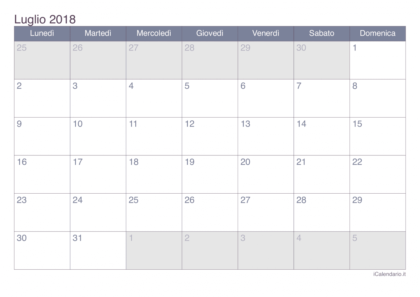 Calendario di luglio 2018 - Office