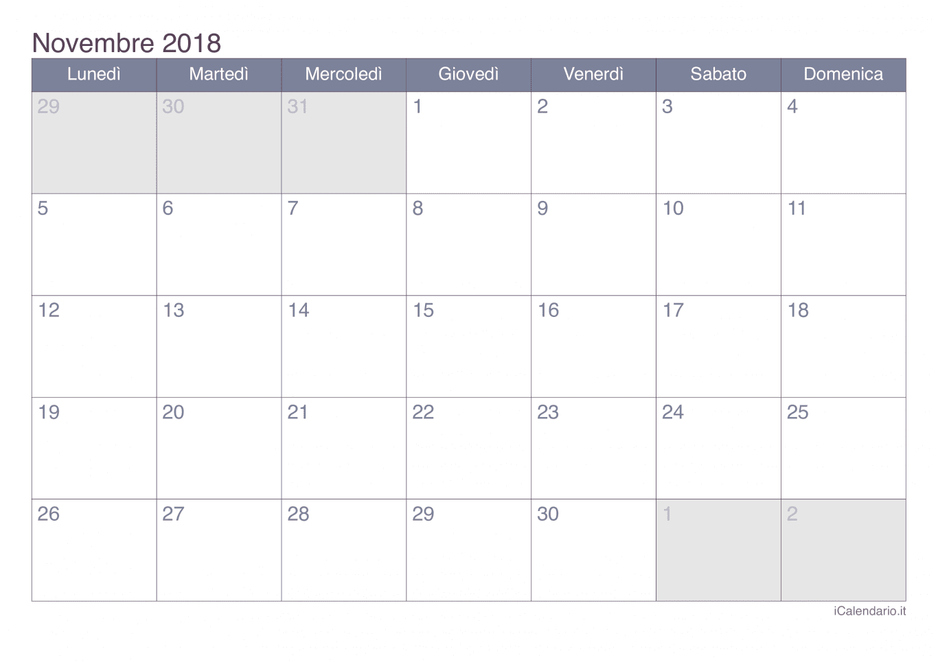 Calendario di novembre 2018 - Office