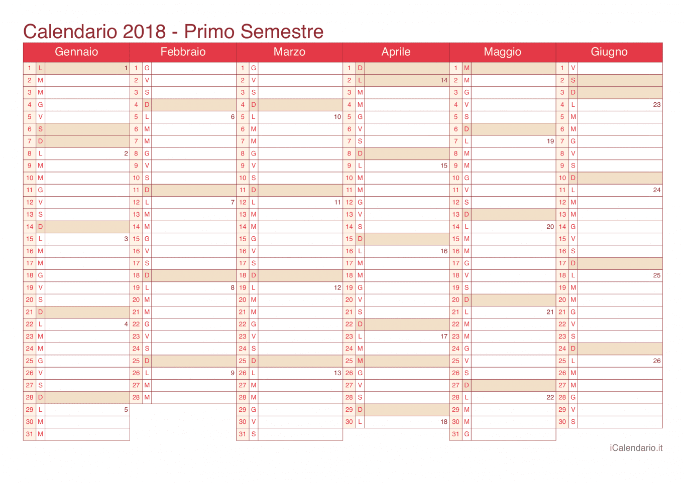 Calendario semestrale con numeri delle settimane 2018 - Cherry