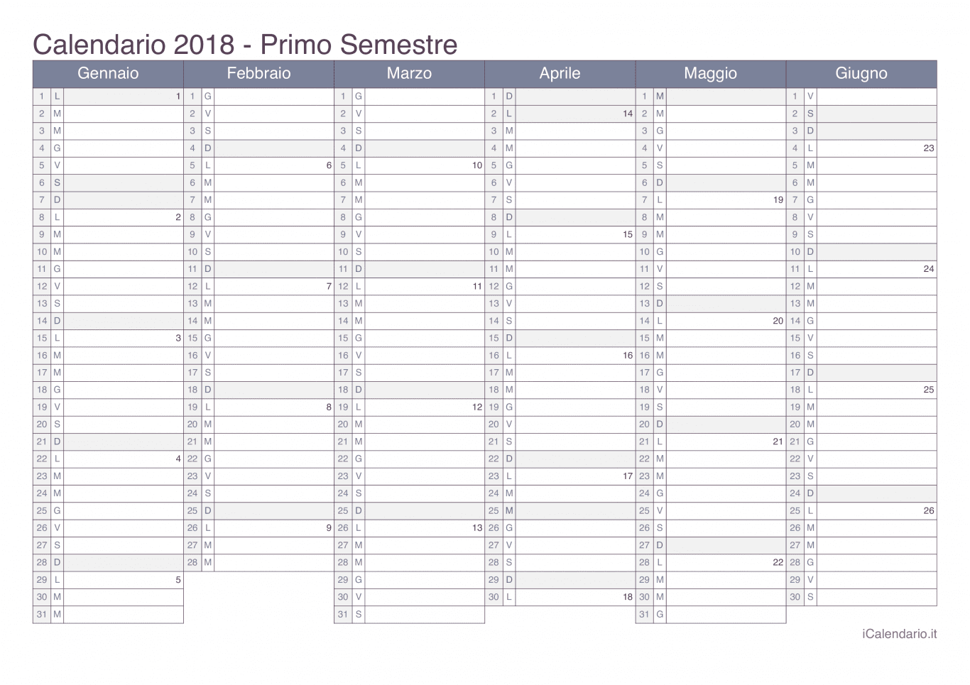 Calendario semestrale con numeri delle settimane 2018 - Office