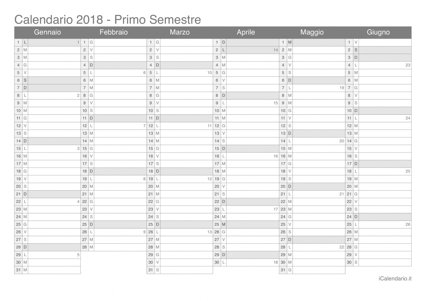 Calendario semestrale con numeri delle settimane 2018