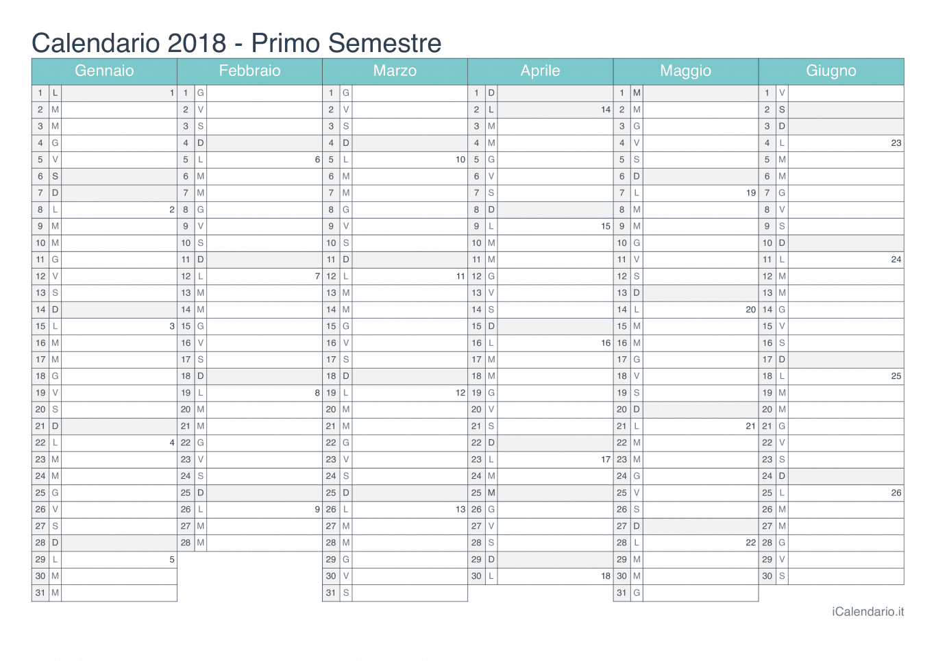 Calendario semestrale con numeri delle settimane 2018 - Turchese