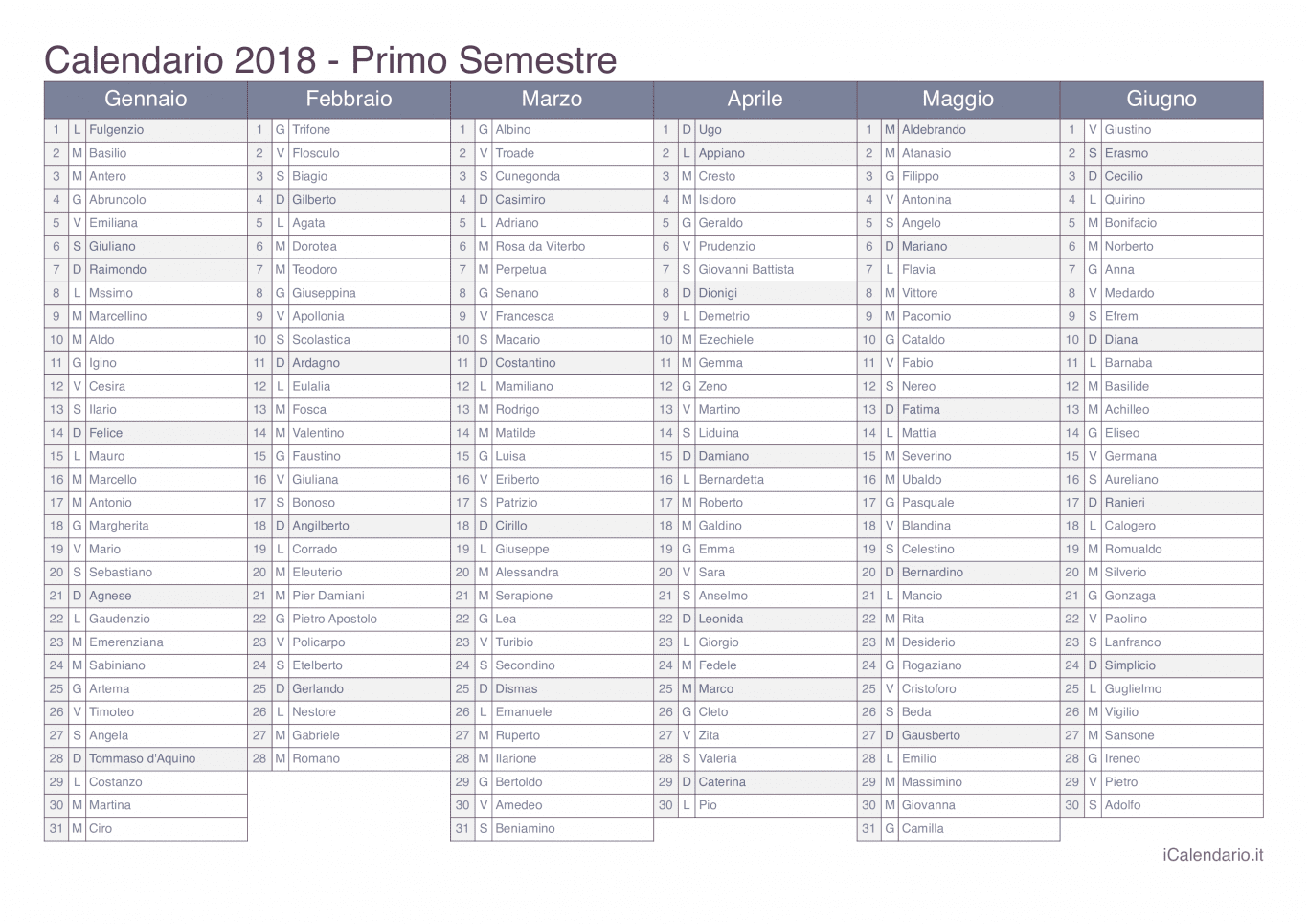 Calendario semestrale 2018 con santi e festivi - Office