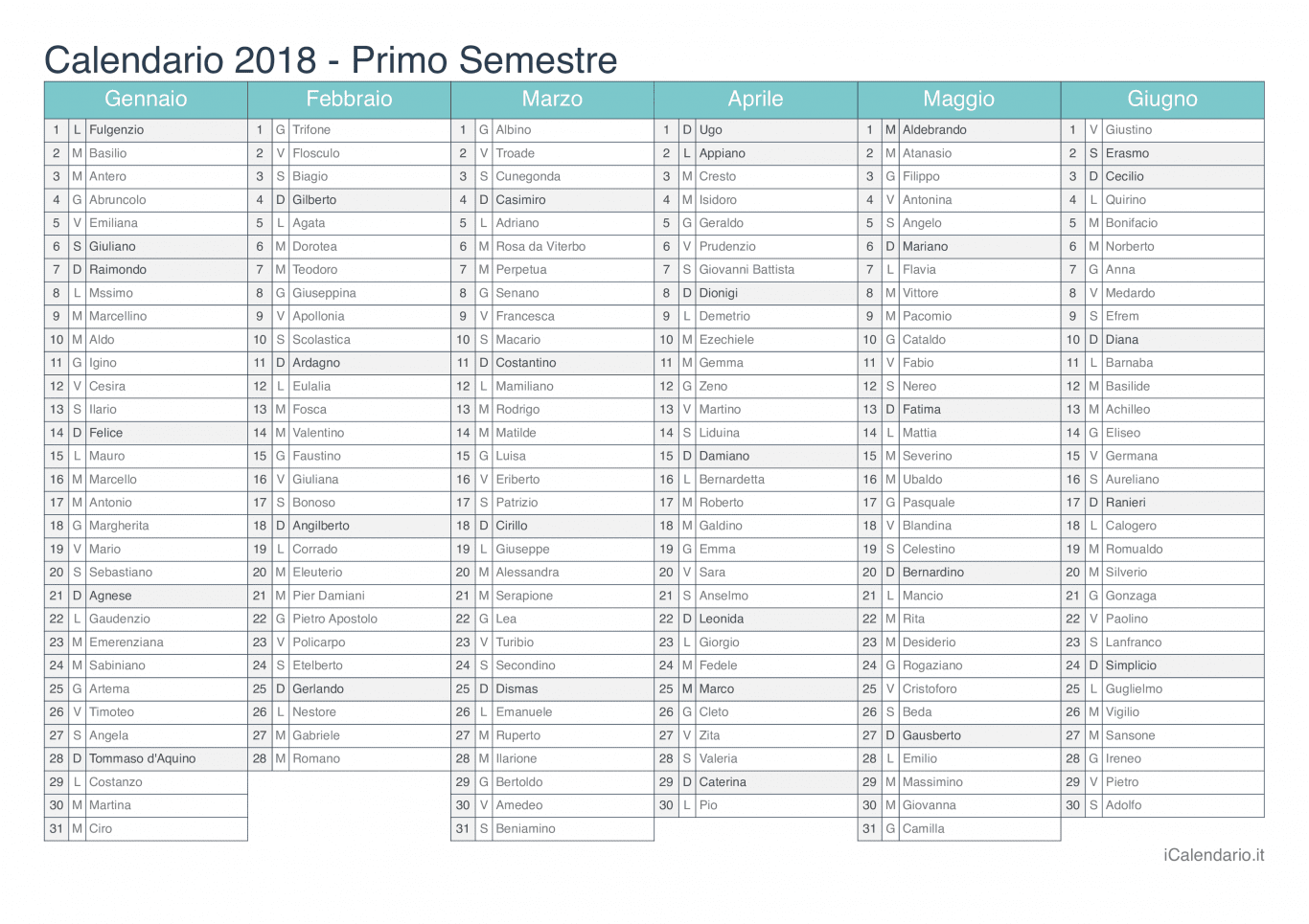 Calendario semestrale 2018 con santi e festivi - Turchese