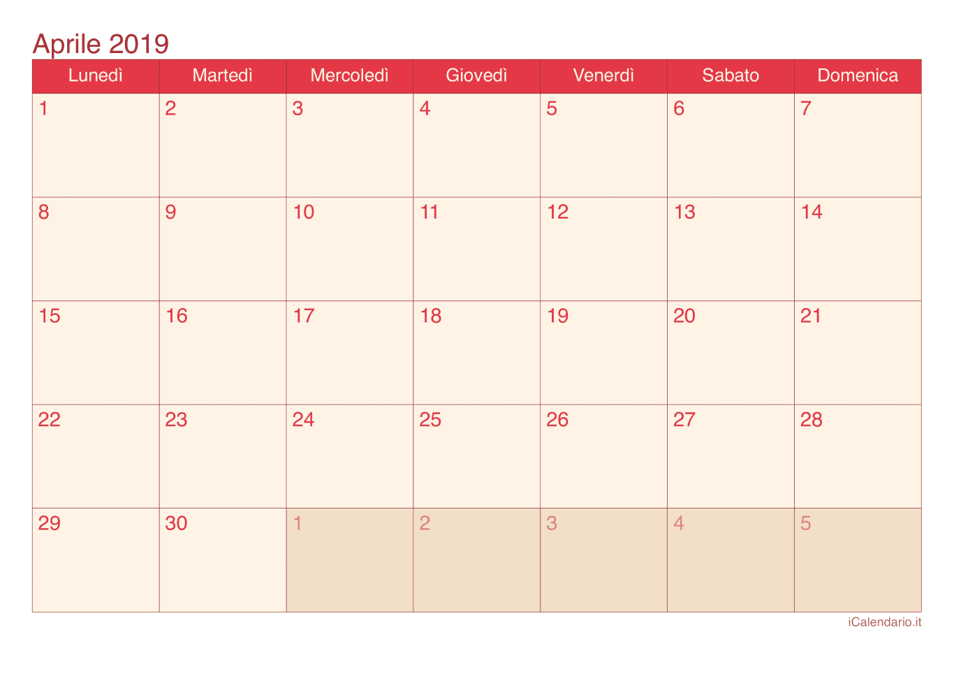 Calendario di aprile 2019 - Cherry