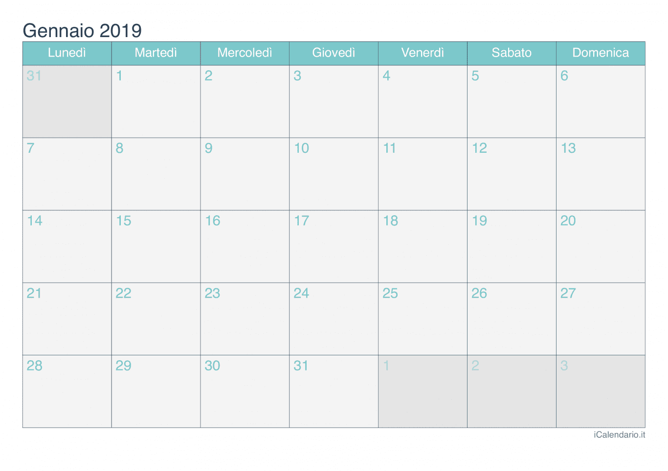 Calendario di gennaio 2019 - Turchese