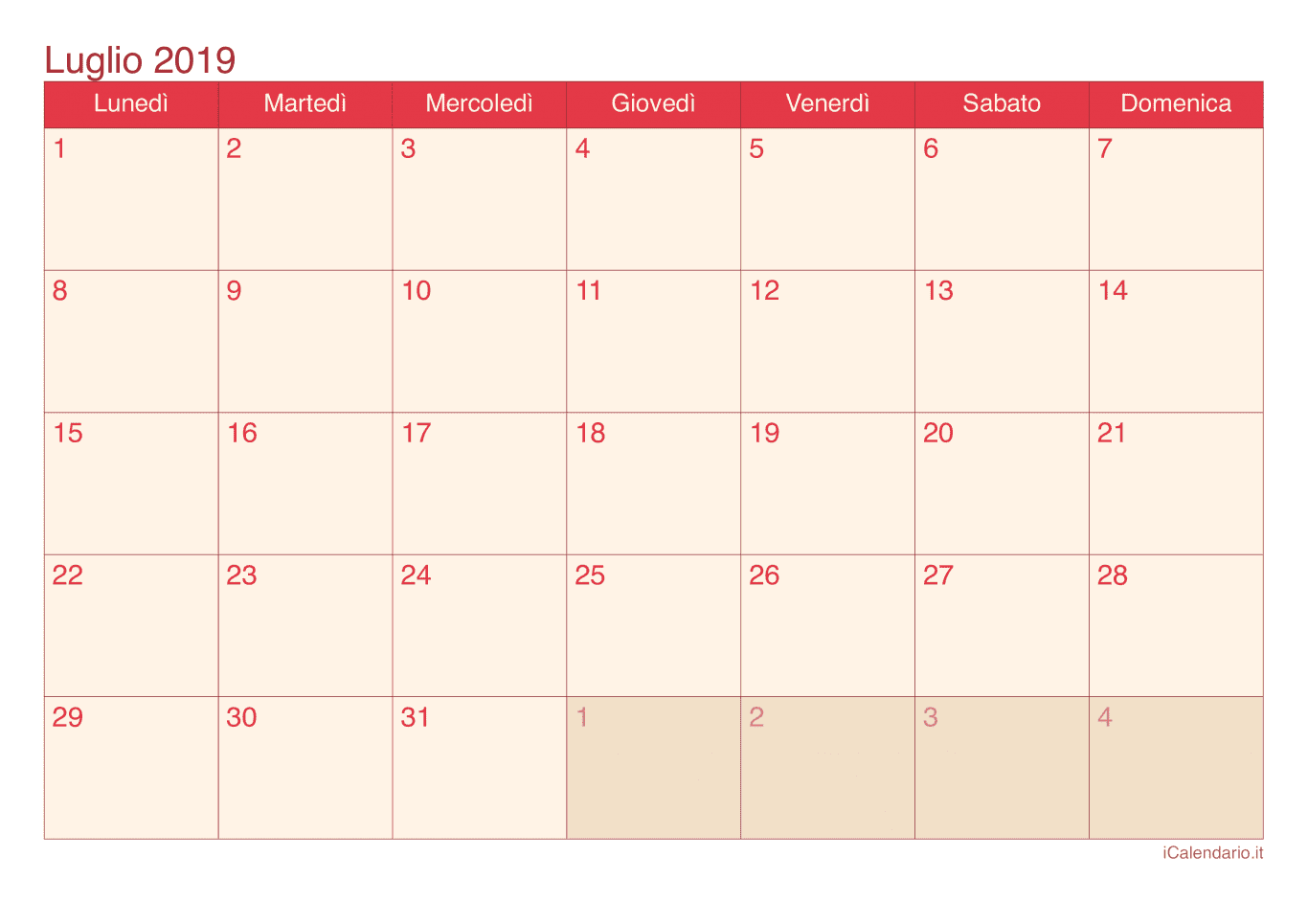 Calendario di luglio 2019 - Cherry