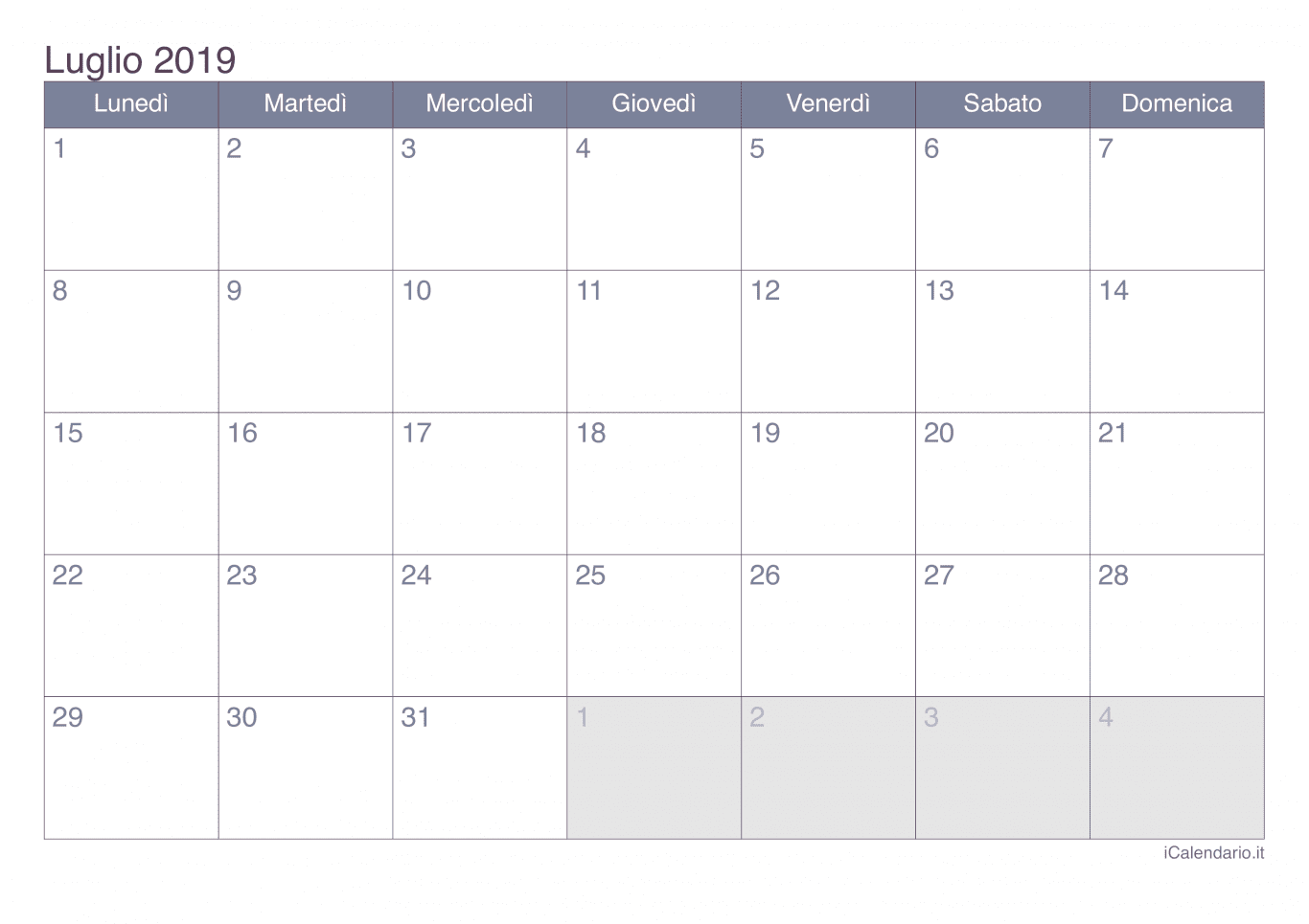 Calendario di luglio 2019 - Office