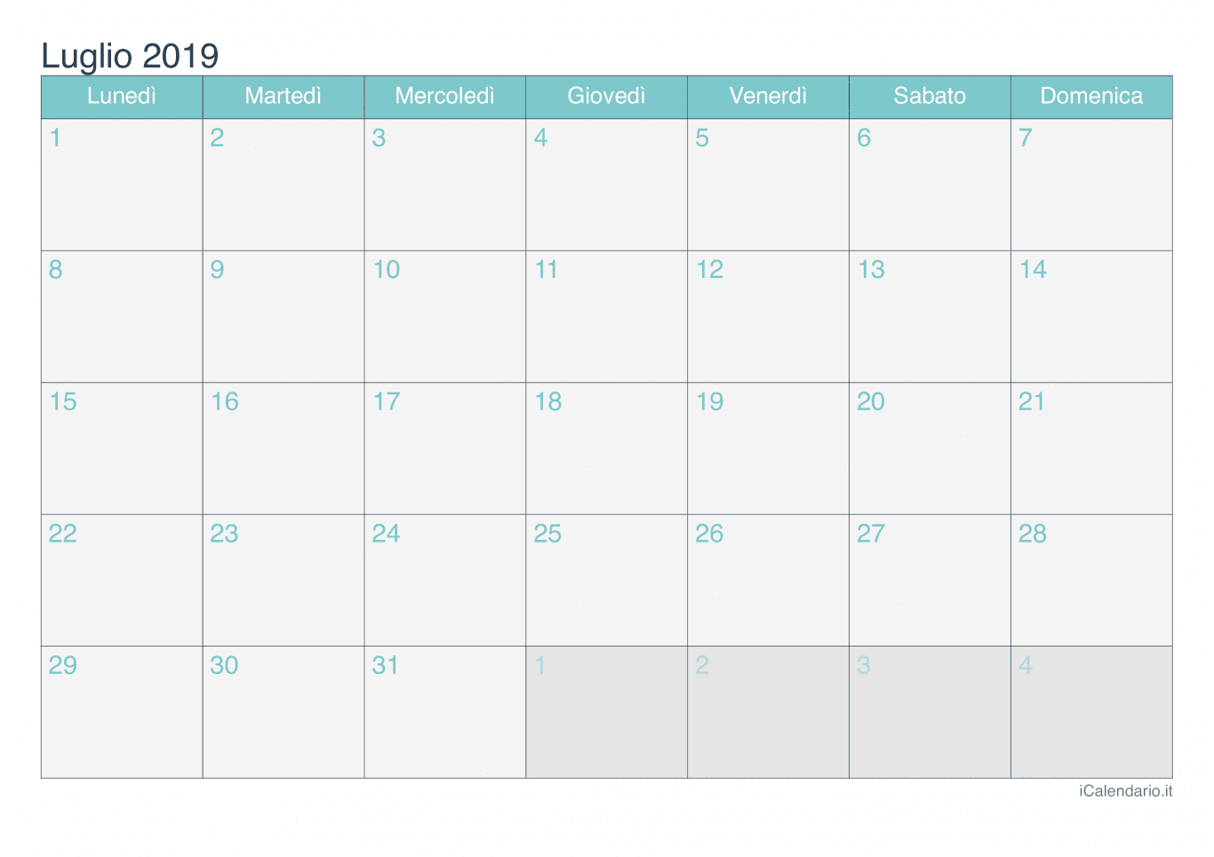 Calendario di luglio 2019 - Turchese