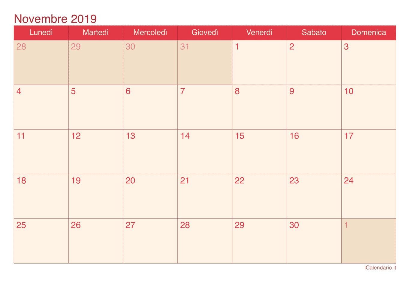 Calendario di novembre 2019 - Cherry