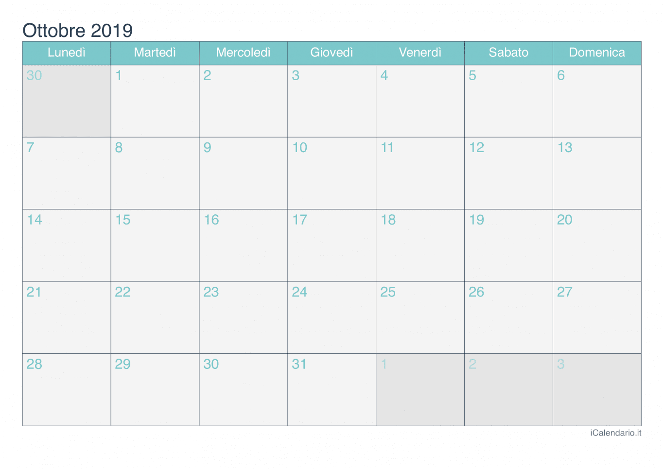 Calendario di ottobre 2019 - Turchese