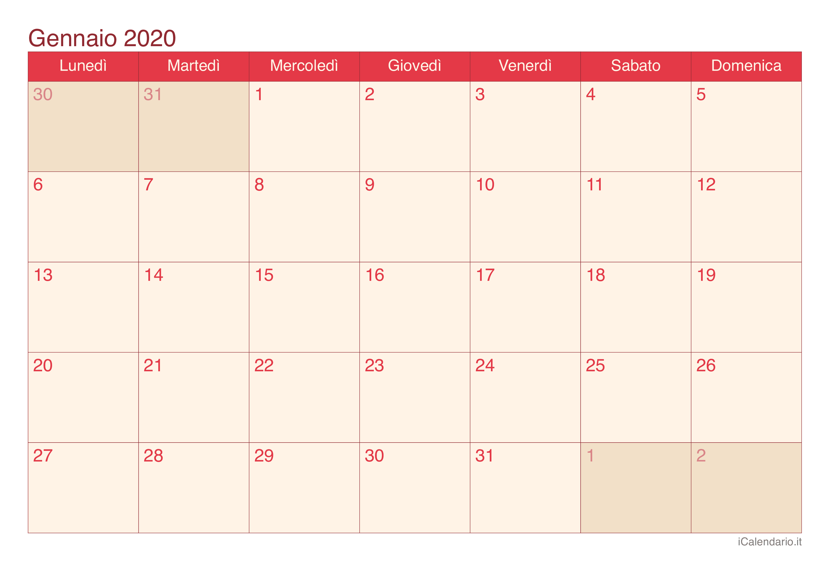 Calendario mensile 2020 - Cherry