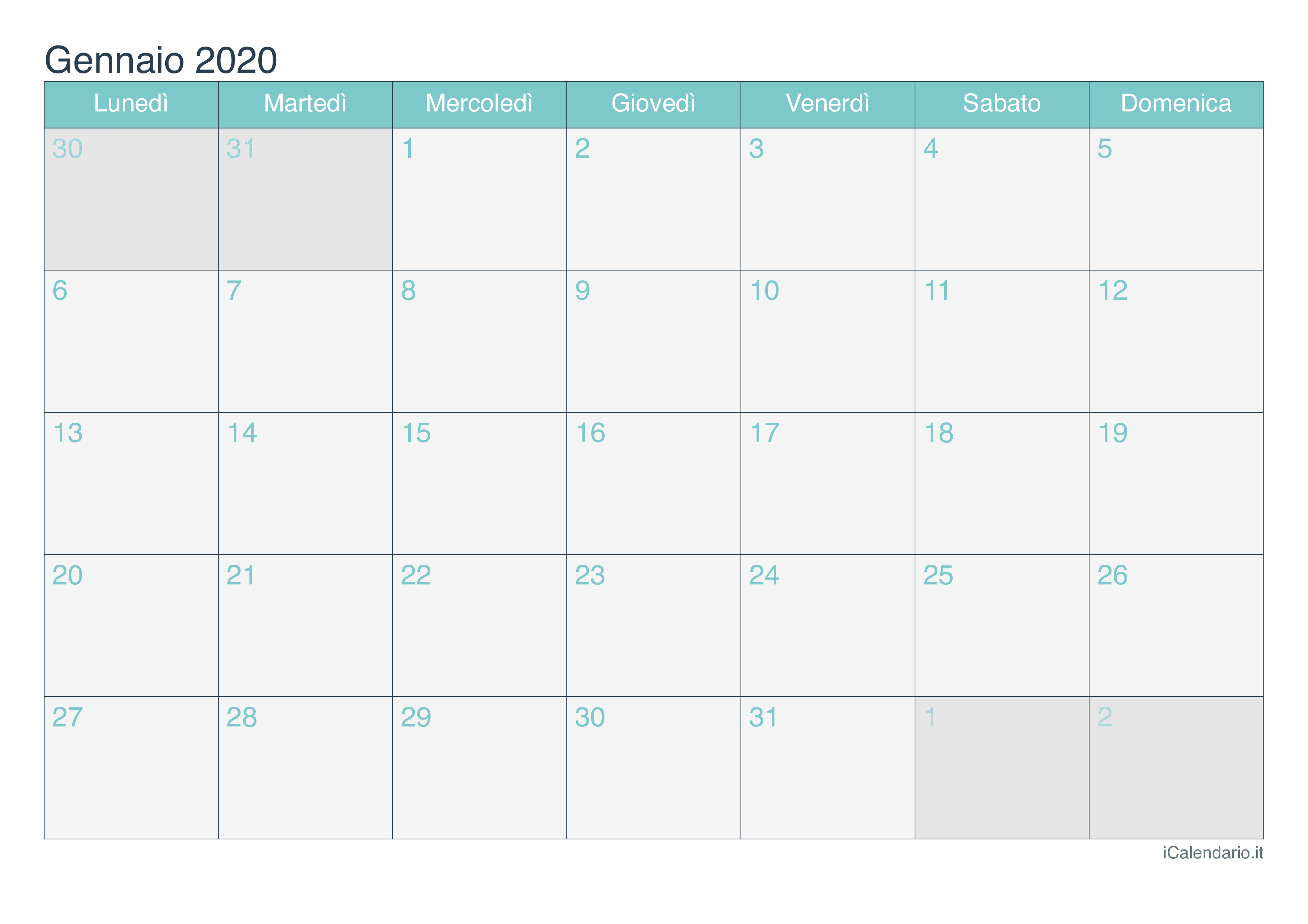 Calendario mensile 2020 - Turchese