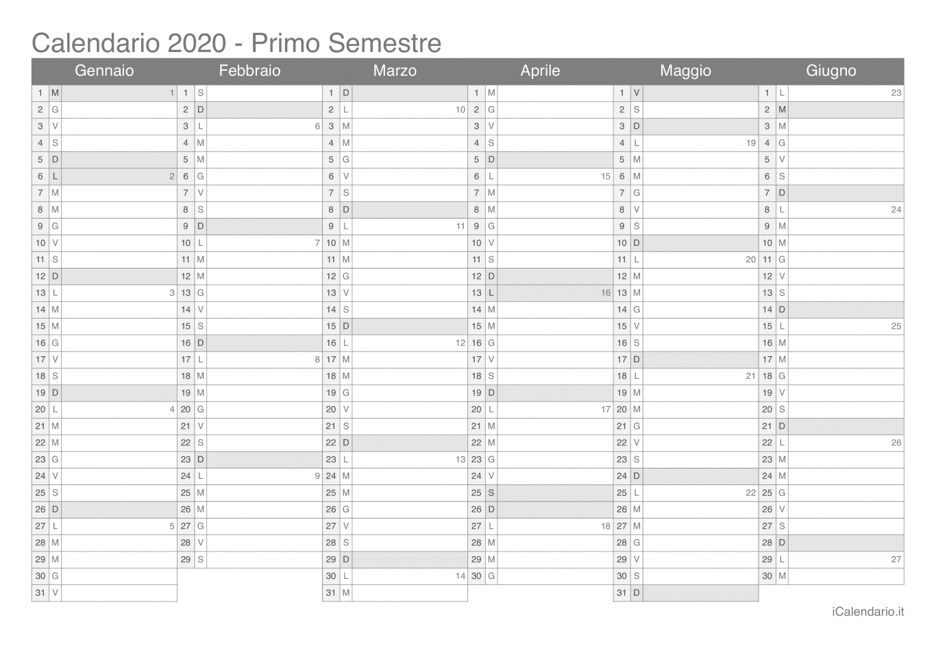 Calendario semestrale con numeri delle settimane 2020