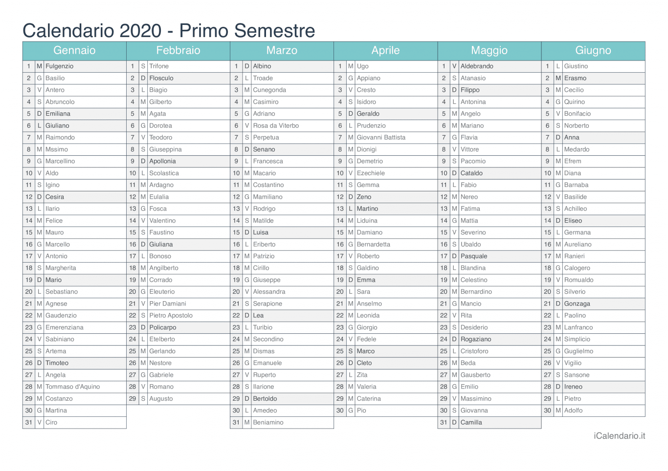 Calendario semestrale 2020 con santi e festivi - Turchese