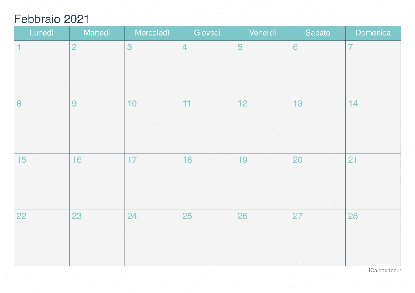 Calendario di febbraio 2021 - Turchese